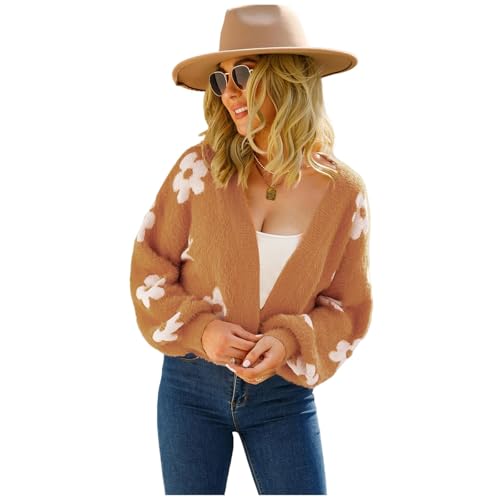 HEYPORK Damen Herbst Winter Warm Bequem Pullover Casual Mode Strickjacke Strickpullover Frauen Strickjacke StraßE Hipster Kurz Gestrickt Blumen Pullover(A Braun, M) von HEYPORK