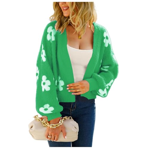 HEYPORK Damen Herbst Winter Warm Bequem Pullover Casual Mode Strickjacke Strickpullover Frauen Strickjacke StraßE Hipster Kurz Gestrickt Blumen Pullover(A Grün, L) von HEYPORK