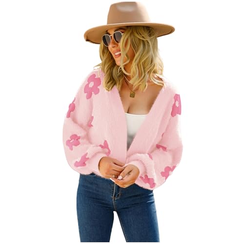 HEYPORK Damen Herbst Winter Warm Bequem Pullover Casual Mode Strickjacke Strickpullover Frauen Strickjacke StraßE Hipster Kurz Gestrickt Blumen Pullover(A Rosa, L) von HEYPORK