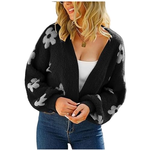 HEYPORK Damen Herbst Winter Warm Bequem Pullover Casual Mode Strickjacke Strickpullover Frauen Strickjacke StraßE Hipster Kurz Gestrickt Blumen Pullover(A Schwarz, M) von HEYPORK