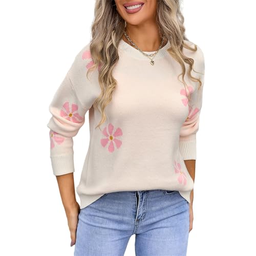 HEYPORK Damen Herbst Winter Warm Bequem Pullover Casual Mode Strickjacke Strickpullover Frauen Strickwaren Clashing Flower Pullover(Weiß, L) von HEYPORK