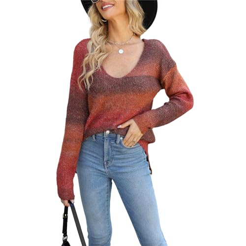 HEYPORK Damen Herbst Winter Warm Bequem Pullover Casual Mode Strickjacke Strickpullover Frauen Tie-Dye Pullover Pullover Unregelmäßig Farbverlauf Strickwaren(Orange, XL) von HEYPORK