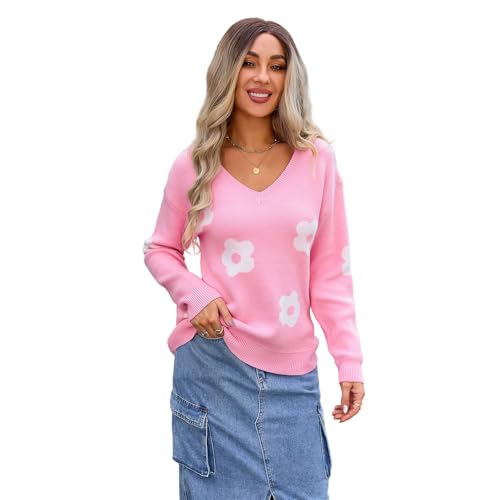 HEYPORK Damen Herbst Winter Warm Bequem Pullover Casual Mode Strickjacke Strickpullover Frauen V-Ausschnitt Langarm Floral Strickpullover(Rosa, M) von HEYPORK