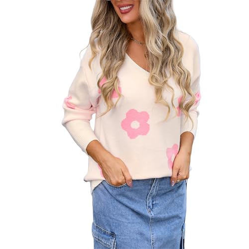 HEYPORK Damen Herbst Winter Warm Bequem Pullover Casual Mode Strickjacke Strickpullover Frauen V-Ausschnitt Langarm Floral Strickpullover(Weiß, L) von HEYPORK