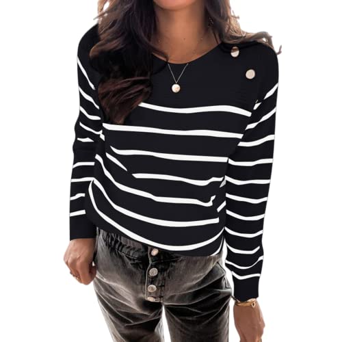 HEYPORK Damen Herbst Winter Warm Bequem Pullover Casual Mode Strickjacke Strickpullover Frauen Winter Gestreifte Strickpullover Rundhals Knopf Verschönert Weißer Pullover(Schwarz, M) von HEYPORK