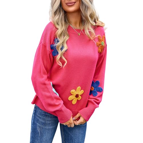 HEYPORK Damen Herbst Winter Warm Bequem Pullover Casual Mode Strickpullover Frauen Blume Lose Rundhals Pullover(Rosenrot, S) von HEYPORK