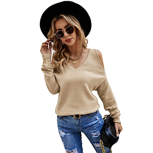 HEYPORK Damen Herbst Winter Warm Bequem Pullover Casual Mode Strickpullover Frauen V-Ausschnitt Trägerlos Gestrickt Crossover Sexiness Persönlichkeit Pullover(Aprikose, M) von HEYPORK