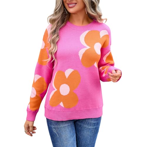 HEYPORK Damen Herbst Winter Warm Bequem Pullover Casual Strickpullover Frauen Rundhals Bedruckt Mode Große Blume Pullover(Rosenrot, M) von HEYPORK