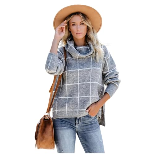 HEYPORK Damen Herbst Winter Warm Bequem Pullover Lässig Mode Strickjacke Strickpullover Frauen Karierter Pullover Rollkragenpullover Karierter Strickpullover(Grau, M) von HEYPORK