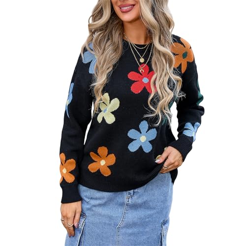 HEYPORK Damen Herbst Winter Warm Bequem Pullover Mode Strickjacke Strickpullover Frauen Floraler Strickpullover(Schwarz, L) von HEYPORK
