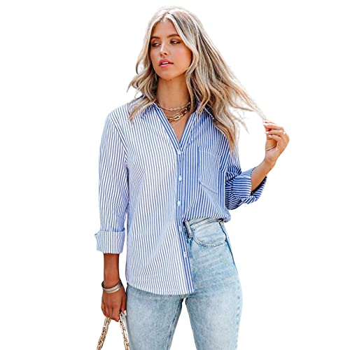 HEYPORK Damen Sommer Top Bluse Bequem Lässig Mode T-Shirt Blusen Frauen Frühjahr/Sommer Gestreift Druck Lange Ärmel Strickjacke Einreihig Shirt(Blau, L) von HEYPORK