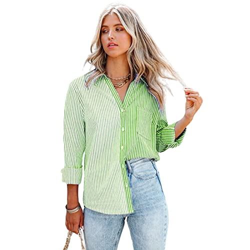 HEYPORK Damen Sommer Top Bluse Bequem Lässig Mode T-Shirt Blusen Frauen Frühjahr/Sommer Gestreift Druck Lange Ärmel Strickjacke Einreihig Shirt(Grün, XL) von HEYPORK
