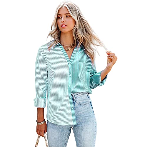 HEYPORK Damen Sommer Top Bluse Bequem Lässig Mode T-Shirt Blusen Frauen Frühjahr/Sommer Gestreift Druck Lange Ärmel Strickjacke Einreihig Shirt(Himmelblau, 2XL) von HEYPORK