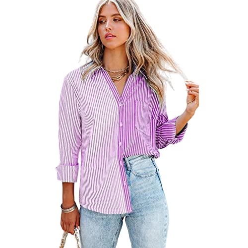 HEYPORK Damen Sommer Top Bluse Bequem Lässig Mode T-Shirt Blusen Frauen Frühjahr/Sommer Gestreift Druck Lange Ärmel Strickjacke Einreihig Shirt(Lila, M) von HEYPORK