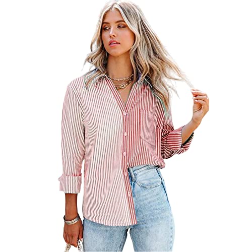 HEYPORK Damen Sommer Top Bluse Bequem Lässig Mode T-Shirt Blusen Frauen Frühjahr/Sommer Gestreift Druck Lange Ärmel Strickjacke Einreihig Shirt(Rosa, L) von HEYPORK