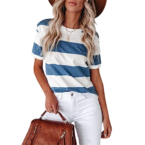 HEYPORK Damen Sommer Top Bluse Bequem Lässig Mode T-Shirt Blusen Frauen Frühjahr/Sommer Mode Blau Weiß Gestreift Druck Rundhals Kurze Ärmel Lässig T-Shirt(Blau, S) von HEYPORK