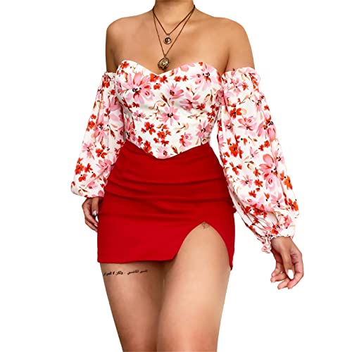 HEYPORK Damen Sommer Top Bluse Bequem Lässig Mode T-Shirt Blusen Frauen Frühling Sommer Floral V-Ausschnitt Laterne Ärmel Langarm Sexy Trägerloses Top(Rot, S) von HEYPORK