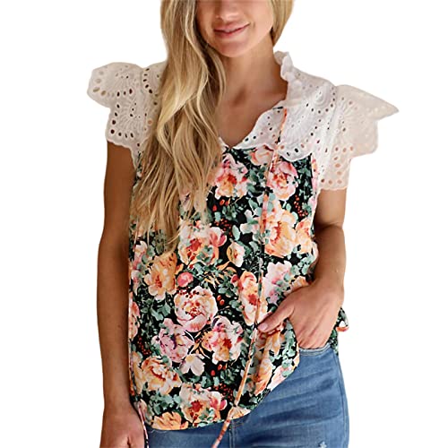 HEYPORK Damen Sommer Top Bluse Bequem Lässig Mode T-Shirt Blusen Frauen Frühling Sommer Mode Drucken V-Ausschnitt ärmellose Spitze Spleißen Lässig Shirt T-Shirt(Mehrfarbig, 2XL) von HEYPORK