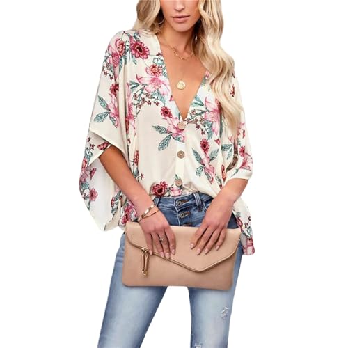 HEYPORK Damen Sommer Top Bluse Bequem Lässig Mode T-Shirt Blusen Frauen Frühling Sommer Strickjacke Fledermausärmel Lässig Lockeres Shirt(A Weiß, S) von HEYPORK