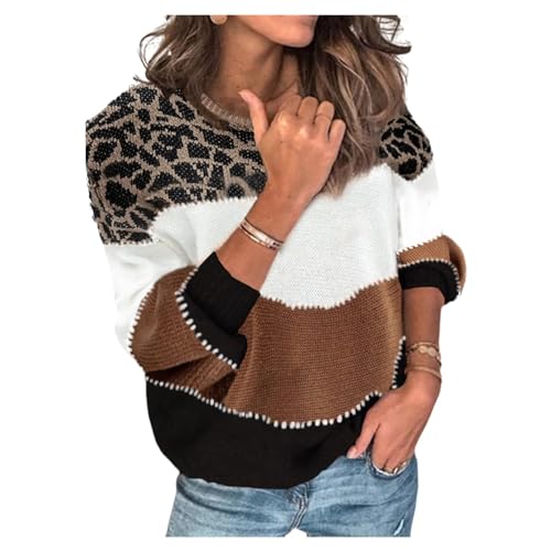 HEYPORK Damen Winter Warm Bequem Pullover Casual Mode Strickjacke Strickpullover Frauen Persönlichkeits Colorblock Lockerer Strickpullover(F Braun, XL) von HEYPORK