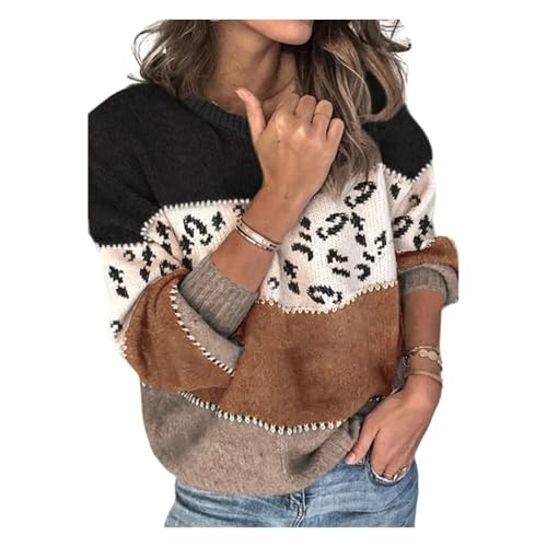 HEYPORK Damen Winter Warm Bequem Pullover Casual Strickjacke Strickpullover Frauen Persönlichkeit Leopardenmuster Spleißen Mode Strickpullover Pullover(B Braun, M) von HEYPORK