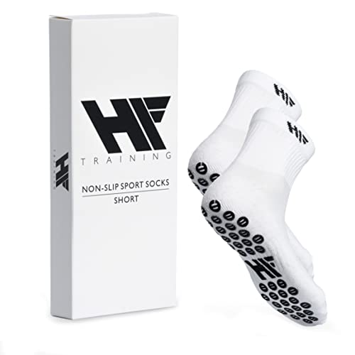 HF Training - 1 Paar Rutschfeste Fußball Socken (kurz) in Weiß mit schwarzen Noppen (Unisex) - Fussball-Socken mit Grip für Damen & Herren - Kurze Anti-Rutsch Fußballsocken - Sport-Socken atmungsaktiv von HF Training