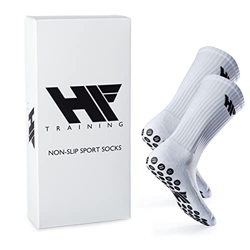 HF Training - 1 Paar Rutschfeste Fußball Socken in Weiß mit schwarzen Noppen (Unisex) - Fussball-Socken mit Grip für Damen & Herren - Anti-Rutsch Fußballsocken lang - Sport-Socken atmungsaktiv von HF Training