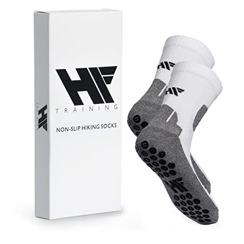 HF Training - 1 Paar Rutschfeste Wandersocken (40-46) Weiß mit Noppen (Unisex) - Hiking & Trekking-Socken mit Grip Damen & Herren - Anti-Rutsch Outdoor-Socks - Wanderstrümpfe lang & atmungsaktiv von HF Training