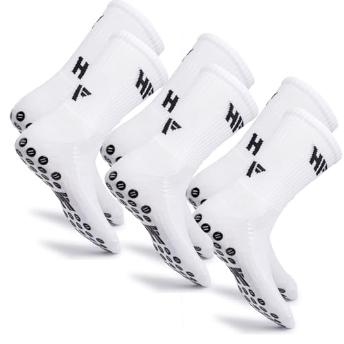 HF Training - 3 Paar Rutschfeste Fußball Socken in Weiß mit schwarzen Noppen - Unisex, Einheitsgröße (Schuhgröße 40-46), Anti-Rutsch Fußballsocken lang, Sport-Socken atmungsaktiv von HF Training