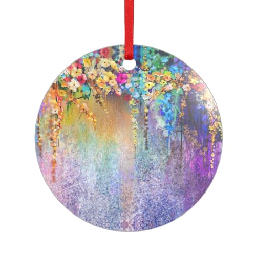 Abstrakter lila weinender Blumen-Acryl-Anhänger mit einem roten Band. Jeder Anhänger ist perforiert mit einem 25 cm langen roten Band von HFDERW