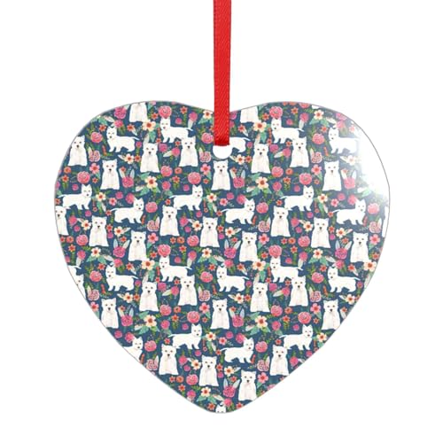Acryl-Anhänger mit weißem Hund und Blumen, mit einem roten Band, jeder Anhänger ist perforiert mit einem 25 cm langen roten Band, One Size von HFDERW