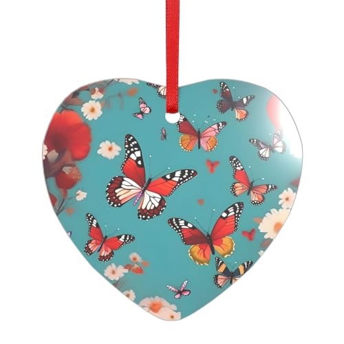 Henne fliegende Schmetterlinge unter Blumen Acryl-Anhänger mit einem roten Band, jeder Anhänger ist perforiert mit einem 25 cm langen roten Band von HFDERW