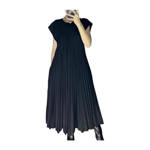 HFDHD Damen Plissee einfaches einfarbiges Kleid Rundhals ärmelloses lockeres Maxi-Sommerkleid, Damen Plisseekleid (3XL,Black) von HFDHD