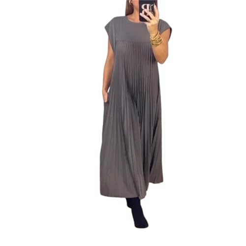 HFDHD Damen Plissee einfaches einfarbiges Kleid Rundhals ärmelloses lockeres Maxi-Sommerkleid, Damen Plisseekleid (3XL,Grey) von HFDHD