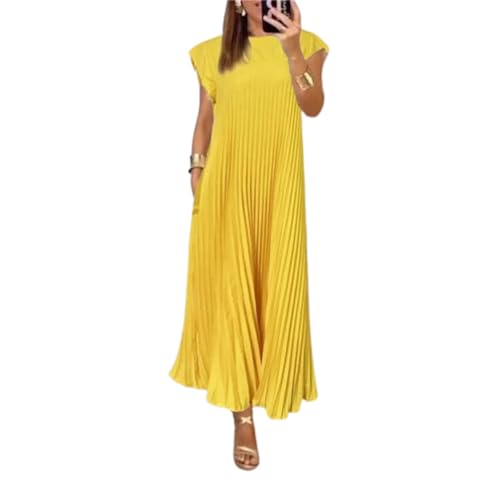 HFDHD Damen Plissee einfaches einfarbiges Kleid Rundhals ärmelloses lockeres Maxi-Sommerkleid, Damen Plisseekleid (M,Yellow) von HFDHD