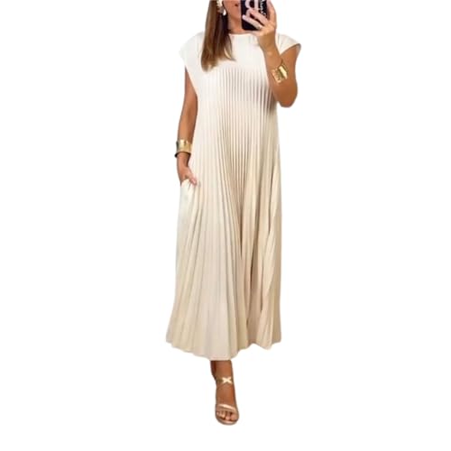 HFDHD Damen Plissee einfaches einfarbiges Kleid Rundhals ärmelloses lockeres Maxi-Sommerkleid, Damen Plisseekleid (S,Beige) von HFDHD