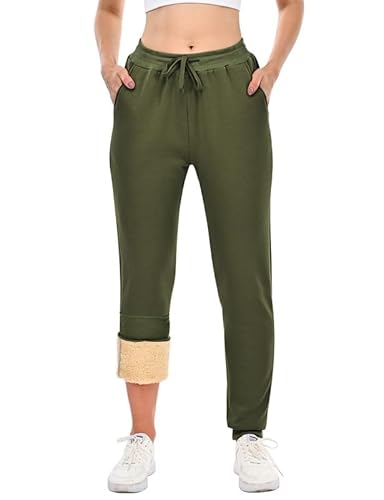 HFDWYJ Damen Jogginghose Fleece Lang Winterhose Warme Kuschelhose Flauschig Freizeithose Sweatpants Winter Sporthosen Gefüttert Jogger Hose mit Tasche Armeegrün XL von HFDWYJ