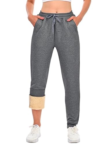 HFDWYJ Damen Jogginghose Fleece Lang Winterhose Warme Kuschelhose Flauschig Freizeithose Sweatpants Winter Sporthosen Gefüttert Jogger Hose mit Tasche Dunkelgrau M von HFDWYJ