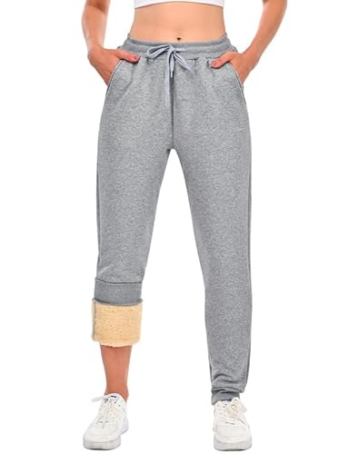 HFDWYJ Damen Jogginghose Fleece Lang Winterhose Warme Kuschelhose Flauschig Freizeithose Sweatpants Winter Sporthosen Gefüttert Jogger Hose mit Tasche Hellgrau L von HFDWYJ