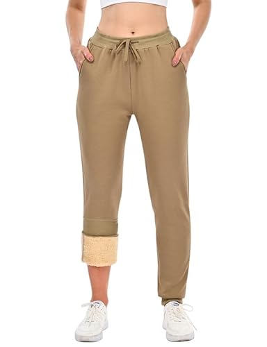 HFDWYJ Damen Jogginghose Fleece Lang Winterhose Warme Kuschelhose Flauschig Freizeithose Sweatpants Winter Sporthosen Gefüttert Jogger Hose mit Tasche Khaki XL von HFDWYJ