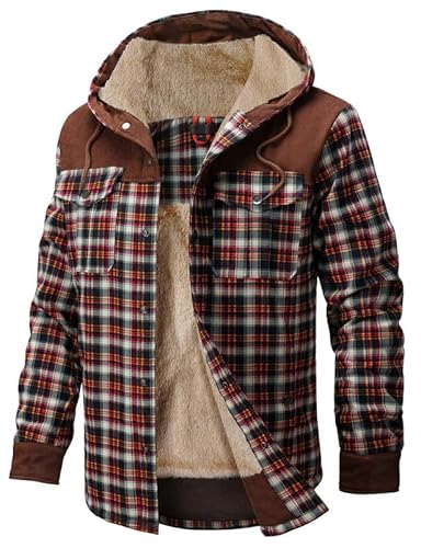 Herren Fleecejacke Addensare Plaid Softshell Jacke gefüttert kariert Thermohemd mit Reißverschluss und Kapuze, rot, XL von HFDWYJ