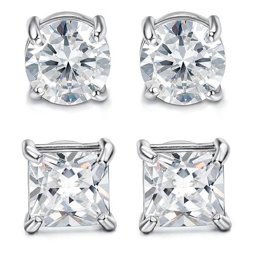 Magnetohrringe, Magnet Ohrringe Damen, Intarsien Nicht Durchbohrend, Kein Piercing Magnetische Ohrringe für Herren Mann Damen Silber, Rund/Quadratisch (2 Paar Silber) von HFMYGS