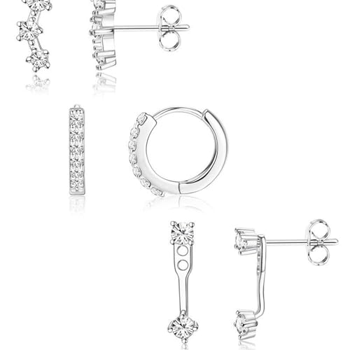 Damen Ohrringe Set-3 Paar Hypoallergene Ohrringe Mit Zirkonia, Silber Set für Damen Mädchen, Ohrstecker Silber für Mehrere Piercings Hypoallergene Knorpel Piercing Silber Gold von HFMYGS
