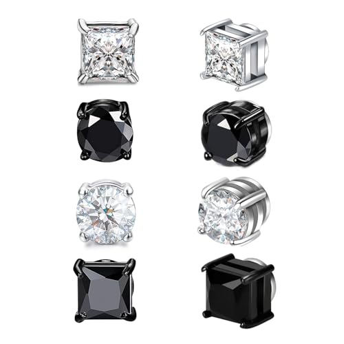 Magnetohrringe, Magnet Ohrringe Damen, Intarsien Nicht Durchbohrend, Kein Piercing Magnetische Ohrringe für Herren Mann Damen Silber, Rund/Quadratisch (2 Silber 2 Schwarz) von HFMYGS