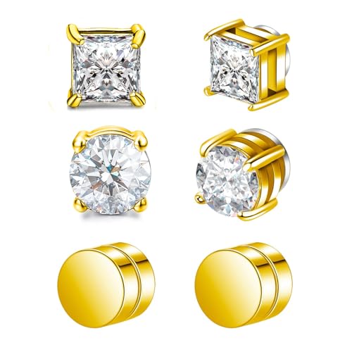 Magnetohrringe, Magnet Ohrringe Damen, Intarsien Nicht Durchbohrend, Kein Piercing Magnetische Ohrringe für Herren Mann Damen Silber, Rund/Quadratisch (3 Paar Gold) von HFMYGS