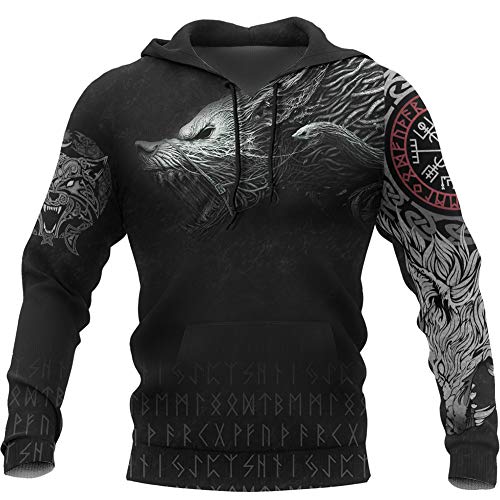 Viking Thors Hammer Sweatshirt, Nordische Mythologie Wolf Streetwear Casual Hoody Hoodie, 3D Allover Bedrucktes Unisex Langarm Pullover Sweatshirt,Wolf,2XL von HFUHLK