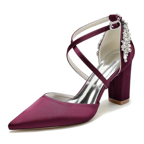 HFWXYSA Damen Blockabsatz 8,5 cm Brautschuhe Strass Knöchelriemen Spitze Zehen Satin Party Brautschuhe Pumps,Burgundy,40 EU von HFWXYSA