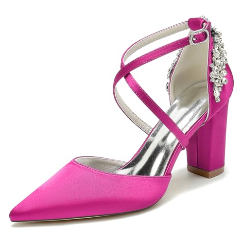 HFWXYSA Damen Blockabsatz 8,5 cm Brautschuhe Strass Knöchelriemen Spitze Zehen Satin Party Brautschuhe Pumps,Fuchsia,39 EU von HFWXYSA