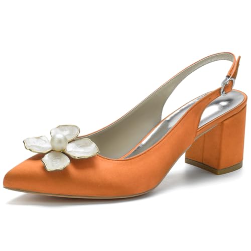 HFWXYSA Damen Blockabsatz Brautschuhe Satin Geschlossener Spitze Zehen Pumps Strass Slingback Party Hochzeitsschuhe,Orange,39 EU von HFWXYSA