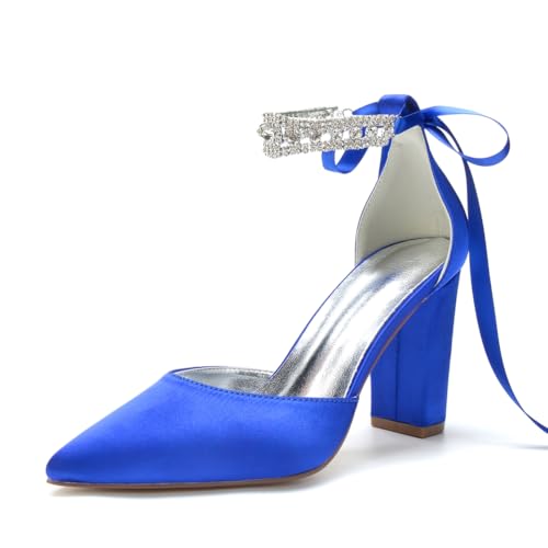 HFWXYSA Damen Blockabsatz Brautschuhe Strass Knöchelriemen Spitze Zehen Satin Hochzeitsschuhe,Blau,38 EU von HFWXYSA